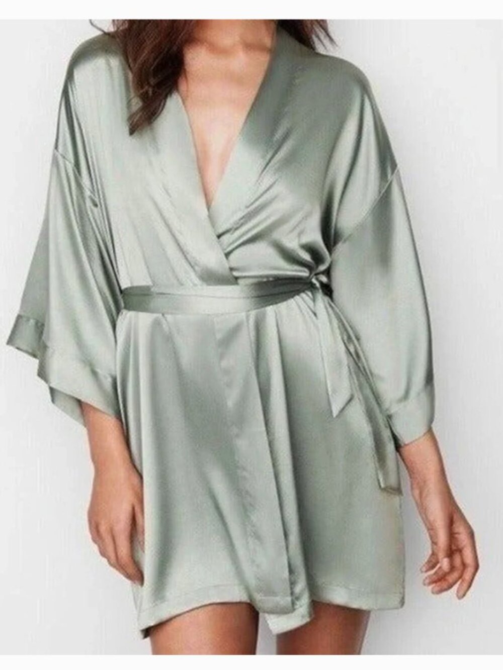 Victoria's Secret Women's One Size Silky Satin Robe Pale Light Green True Wrap